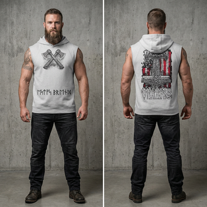 American Viking Sleeveless Hoodie – Runic Axe & Warrior Design