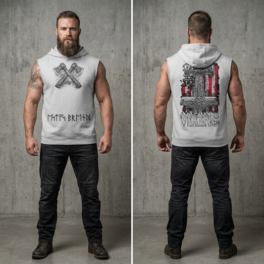 American Viking Sleeveless Hoodie – Runic Axe & Warrior Design